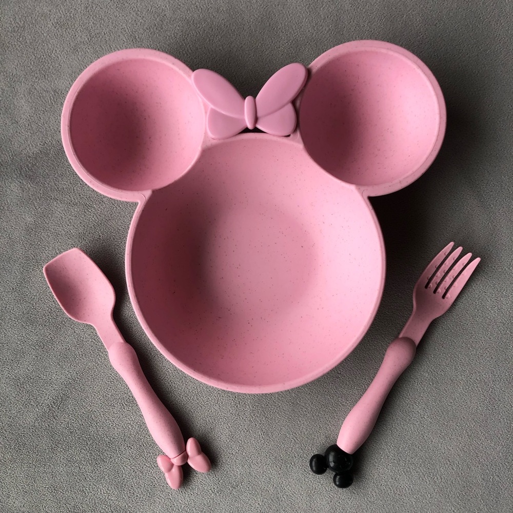 Minnie Mouse Bamboo Feeding Set ~ Pink ~ Divided Dish, Fork & Spoon ~ Brand New! - Picture 8 of 8